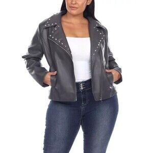 White Mark Women's Plus Size Faux Leather Biker Jacket Grey 1X